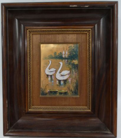 null BUISSON O., "Couple de cygnes", émaux peints sur cuivre, 12,5 x 9 cm