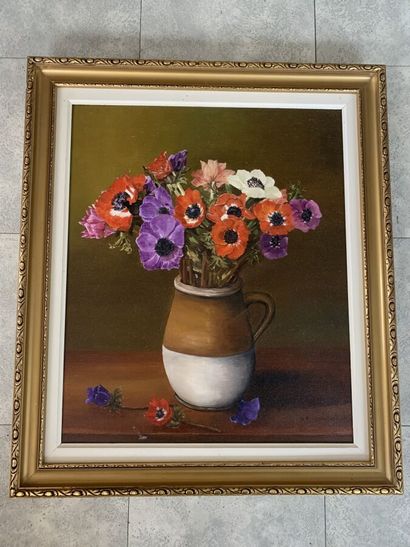 null ROSSILOL René, "Bouquet d'anémones", huile sur toile signée en bas à droite,...