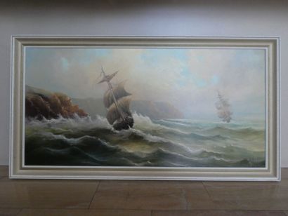 null WILLI, "Bataille navale", huile sur toile signée en bas à droite, 50 x 100 cm...