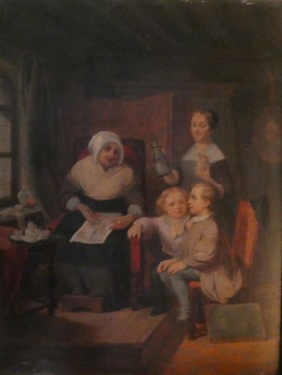 null Ecole française du XIXème siècle "La Visite à la grand mère" huile sur panneau...