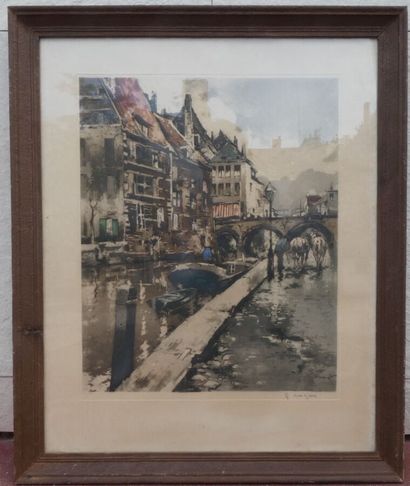 null LUIGINI Ferdinand Jean ( 1870-1943). "Paysage au pont", lithographie signée...