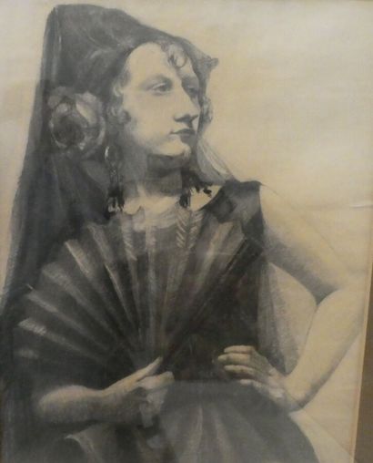 null Anonyme, "Portrait d'Espagnole à l'éventail", fusain, 66 x 52 cm à vue