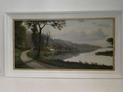 null PIERRE, "Paysage lacustre", huile sur toile signée en bas à gauche, 50 x 100...