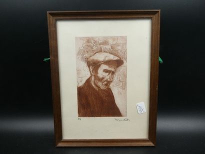 null MONTET Maurice, (1905-1997), "Portrait d'homme moustachu au béret" 24 x 18 ...
