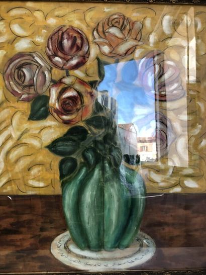 null Anonyme, "Bouquet de fleurs", peinture sur tissu, 59 x 48 cm à vue