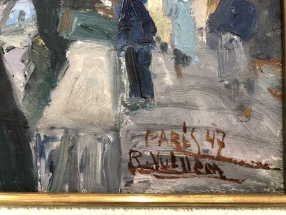 null Ecole contemporaine, "Les Bouquinistes quai Conti Paris", huile sur toile signée...