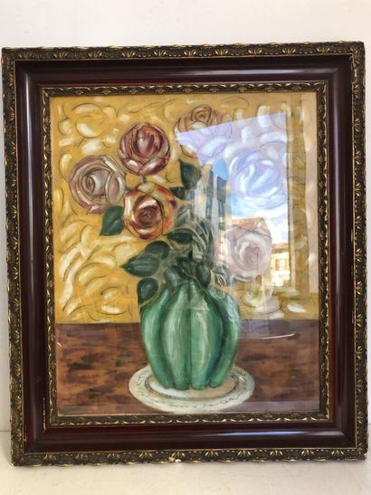 null Anonyme, "Bouquet de fleurs", peinture sur tissu, 59 x 48 cm à vue