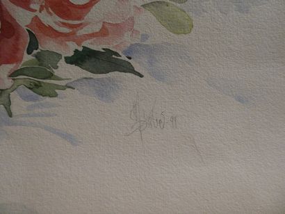 null Ecole contemporaine, "Bouquet de fleurs", aquarelle signée en bas à droite,...
