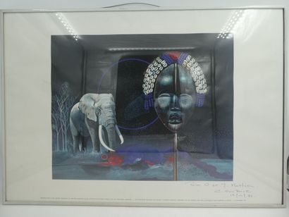 null COUDOUR Gilles (né en 1942) d'après, "Eléphant et masque africain", photogravure...
