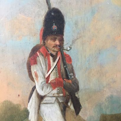 null Oil on wood panel, Grenadier on the march, in white uniform with red lapel,...