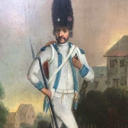 null Oil on wood panel, Grenadier wearing the furry cap, in white uniform with light...