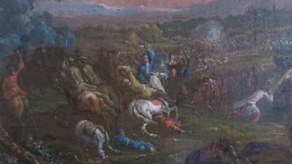 null Battle scene. Oil on canvas pasted on wood, riders and infantry in front of...