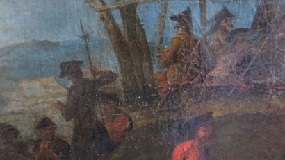 null Oil on canvas, scene of officers under a tent with troopers watering horses,...