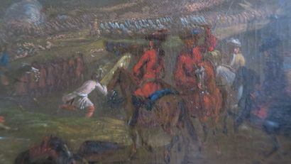 null Battle scene. Oil on canvas pasted on wood, riders and infantry in front of...