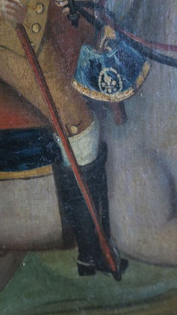 null Huile sur toile, porte-drapeau de cavalerie à cheval. Cavalier en uniforme bleu...