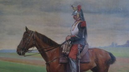 null Huile sur toile représentant un cuirassier à cheval devant un paysage. Signée...