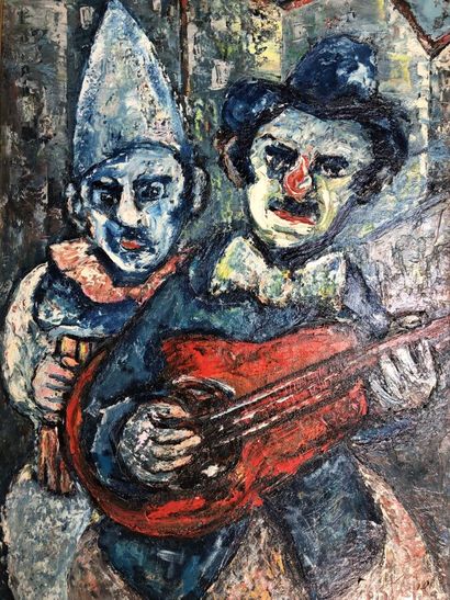 null STRAPP Pierre (20ème siècle), "Portrait groupé de clown guitariste et Pierrot...