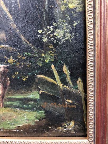 null J. MARTIN, "Paysage avec vache et vacher", huile sur panneau signée en bas à...