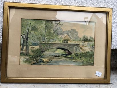 null Ecole française, "Paysage au pont", aquarelle , 17 x 27 cm à vue
