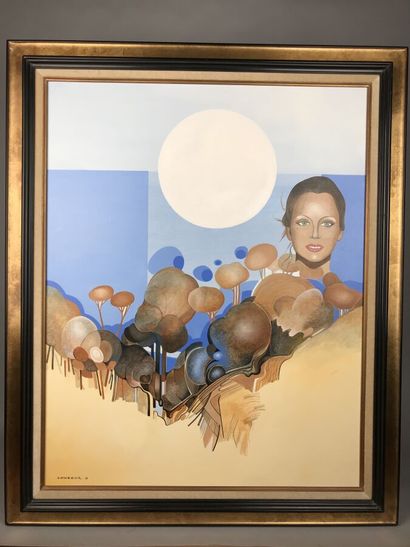 null COUDOUR Gilles (né en 1942), "Paysage beige et bleu avec portrait de femme",...