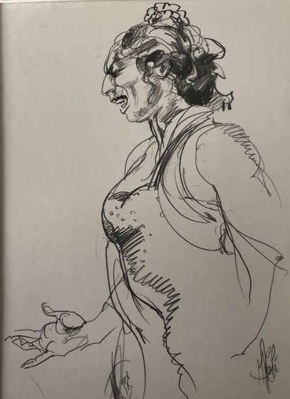 null ALCALA Miguel, "Portrait de danteuse de flamenco", crayon sur papier signé et...
