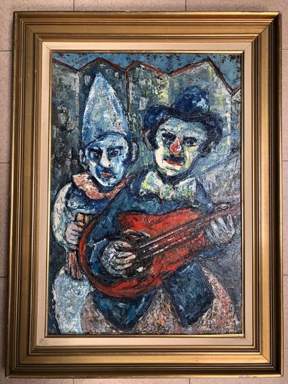 null STRAPP Pierre (20ème siècle), "Portrait groupé de clown guitariste et Pierrot...