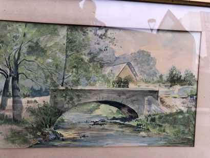null Ecole française, "Paysage au pont", aquarelle , 17 x 27 cm à vue