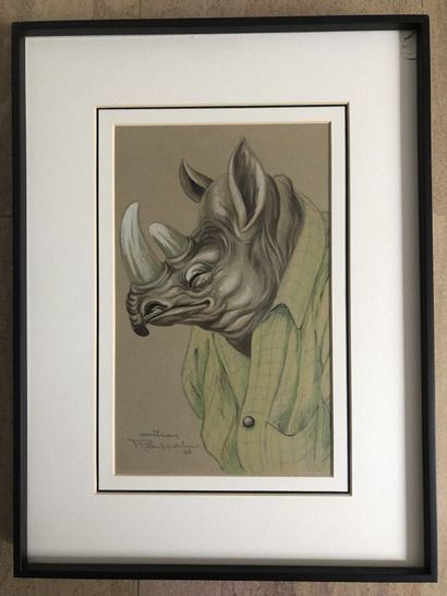 null ROUPPERT Jean (1887-1979), "Portrait d'homme à la tête de rhinoceros", aquarelle...