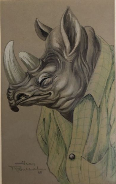 null ROUPPERT Jean (1887-1979), "Portrait d'homme à la tête de rhinoceros", aquarelle...