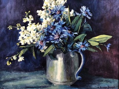 null BEAUZÉE-REYNAUD Marguerite (1894-1985), "Bouquet bleu et blanc", aquarelle signée...