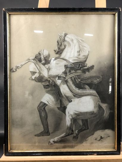 null LEFRANCOIS, "Cavalier arabe", crayon et gouache signée en bas à droite, 60 x...