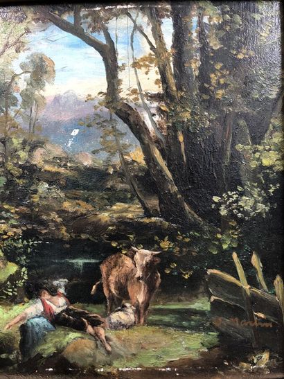 null J. MARTIN, "Paysage avec vache et vacher", huile sur panneau signée en bas à...