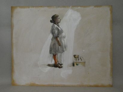 null PYAT Jean-Pierre, "Portrait de femme en sabots", technique mixte, 60 x 75 c...