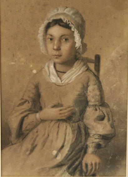 null Ecole française du 19ème, "Portrait de fillette assise" dessin au fusain réhaussé...