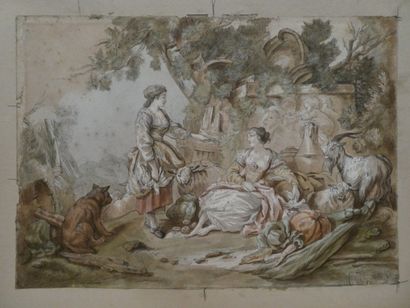 null French school of the 18th century, "Scène de bergerie", pencil and gouache highlights...