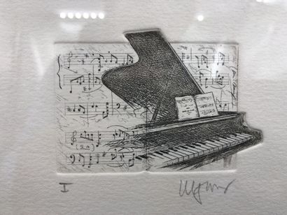 null Ecole contemporaine, " Trois instruments de musique", Gravure , 47 x 40 cm.
