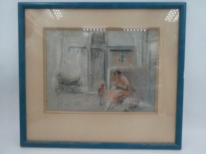null André SINET (1867-1923) attribué, "Femme et enfant", crayons gras, 21 x 28,5...