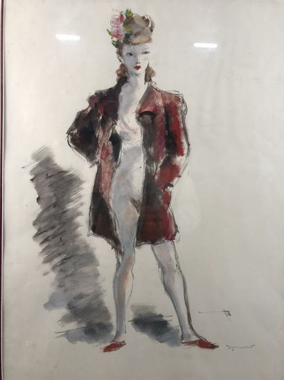 null DIGNIMONT André (1891-1965) "Femme nue au manteau rouge" aquarelle signée en...