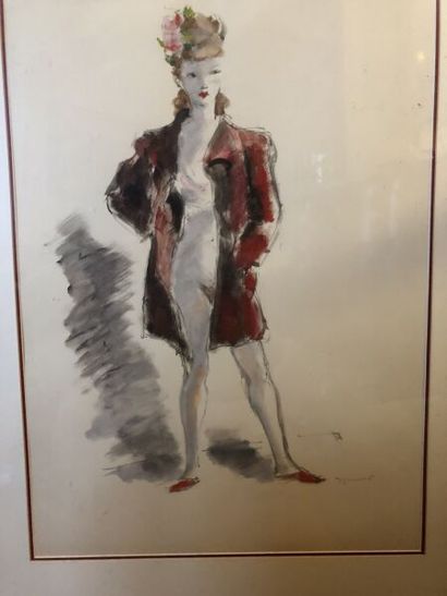 null DIGNIMONT André (1891-1965) "Femme nue au manteau rouge" watercolor signed lower...