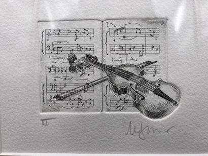 null Contemporary school, "Three musical instruments", Engraving, 47 x 40 cm.