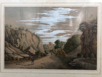 null French school of the 19th century, "Animated landscape", wash and white gouache...