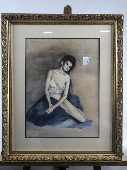 null Anonyme, "Gitane dénudée assisie", aquarelle, 46 x 34 cm