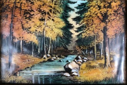 null BETOURNE Michel à Limoges, "Paysage au ruisseau", émaux peints, 9 x 12 cm.