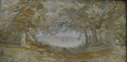 null Anonyme, "Paysage de bord de mer", gouache et broderie, 16,5 x 32,5 cm à vu...