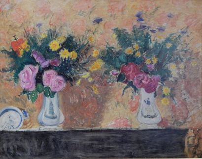 PUY Jean (1876-1960), "Deux Bouquets sur un entablement", huile sur panneau, signée...