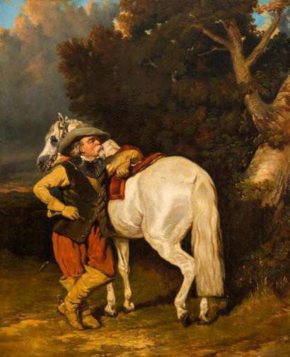 null ECOLE FRANCAISE XIXe
Cavalier et son cheval blanc
Huile sur toile portant une...