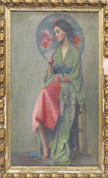 null ECOLE ITALIENNE, vers 1900
Jeune femme à l'ombrelle.
Huile sur toile portant...