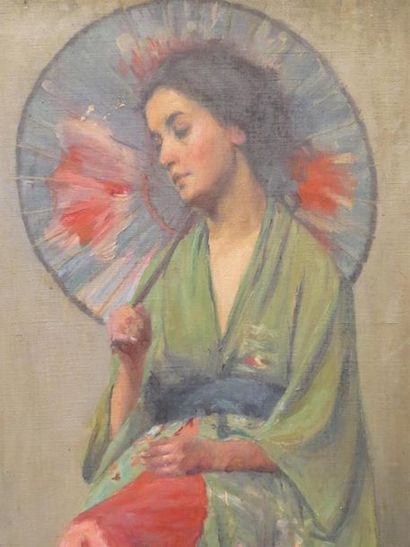 null ECOLE ITALIENNE, vers 1900
Jeune femme à l'ombrelle.
Huile sur toile portant...