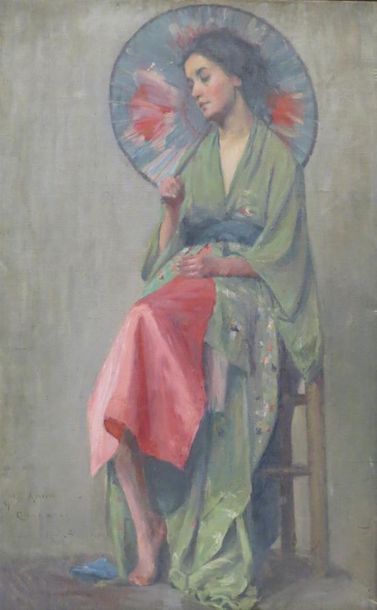 null ECOLE ITALIENNE, vers 1900
Jeune femme à l'ombrelle.
Huile sur toile portant...