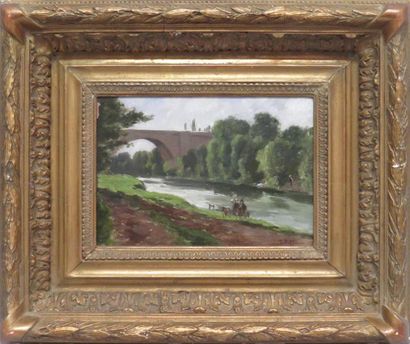 null Charles Constantine HOFFBAUER (1875-1957)
Paysage de rivière au pont 
Huile...